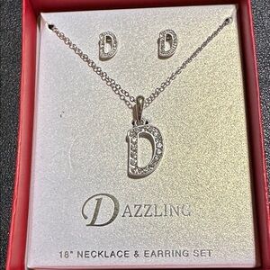 10.  Dazzling D Initial Silver Tone Earring & Necklace Set
